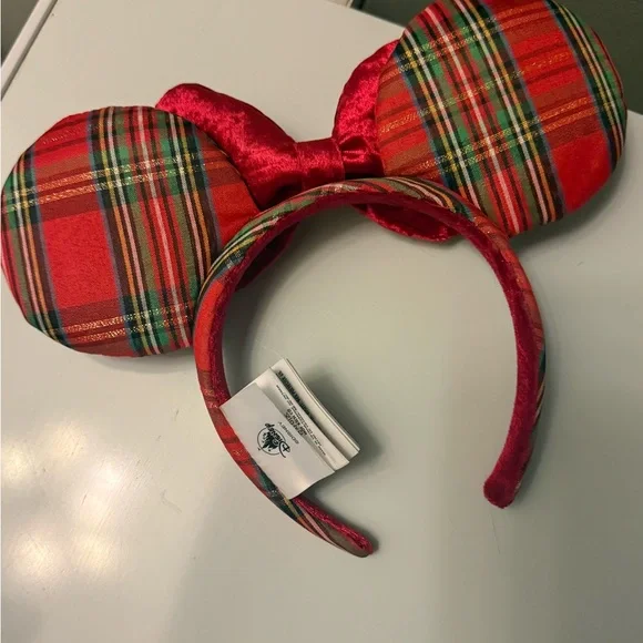 Red Plaid Mouse Ears Headband with Bow - Picture 2 of 4